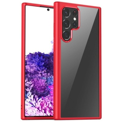Samsung Galaxy S22 Ultra 5G (SM-S908X) „IPAKY“ Slim silikoninis skaidrus permatomas dėklas su raudonu rėmeliu | Priedai.lt