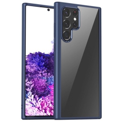 Samsung Galaxy S22 Ultra 5G (SM-S908X) „IPAKY“ Slim silikoninis skaidrus permatomas dėklas su mėlynu rėmeliu | Priedai.lt