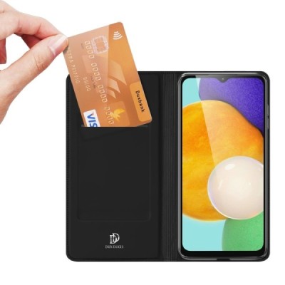 „Dux Ducis“ Skin serijos Samsung Galaxy A13 5G (A04s) juodas odinis atverčiamas dėklas | Priedai.lt