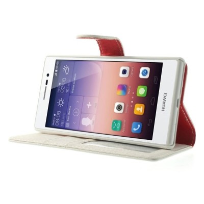 Huawei Ascend P7 atverčiamas baltas odinis Litchi dėklas - piniginė / Priedai.lt