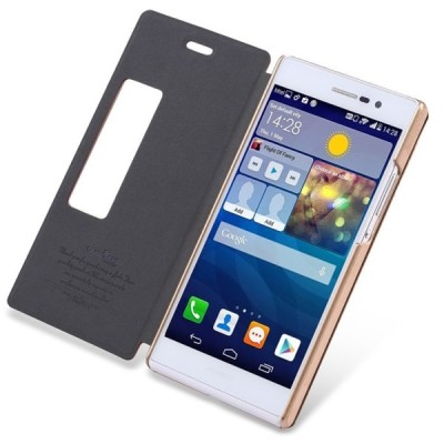 Huawei Ascend P7 šampaninis odinis atverčiamas TakeFans Charm dėklas / Priedai.lt