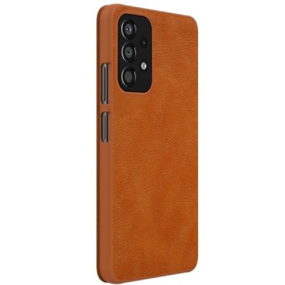 Prabangus „Nillkin“ Qin serijos rudas odinis atverčiamas Samsung Galaxy A33 5G (SM-A336E) dėklas | Priedai.lt