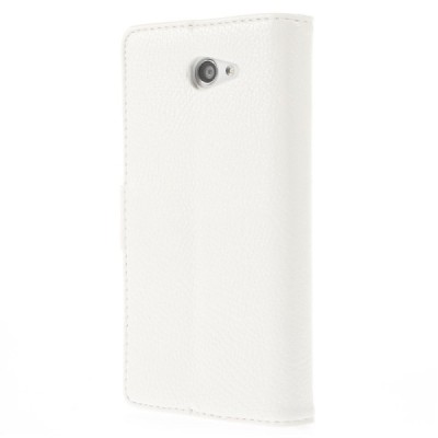Sony Xperia M2 atverčiamas baltas odinis Litchi dėklas - piniginė / Priedai.lt