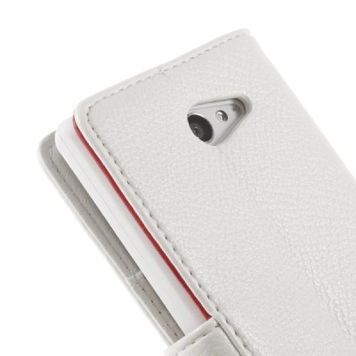 Sony Xperia M2 atverčiamas baltas odinis Litchi dėklas - piniginė / Priedai.lt