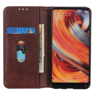 OnePlus 10 Pro rudas odinis atverčiamas dėklas - knygutė su magnetu | Priedai.lt