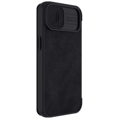 Prabangus „Nillkin“ Qin Pro serijos juodas odinis atverčiamas Apple iPhone 14 dėklas | Priedai.lt