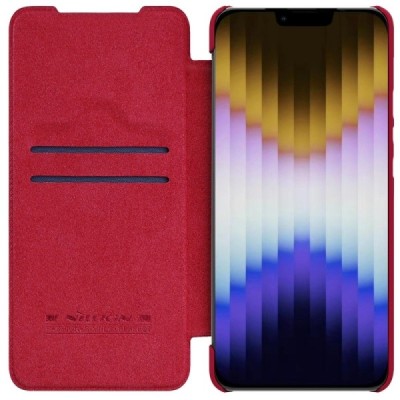 Prabangus „Nillkin“ Qin Pro serijos raudonas odinis atverčiamas Apple iPhone 14 dėklas | Priedai.lt