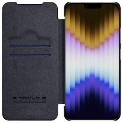 Prabangus „Nillkin“ Qin Pro serijos juodas odinis atverčiamas Apple iPhone 14 Plus dėklas | Priedai.lt