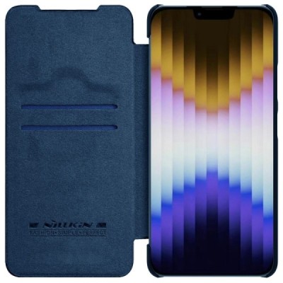 Prabangus „Nillkin“ Qin Pro serijos mėlynas odinis atverčiamas Apple iPhone 14 Plus dėklas | Priedai.lt
