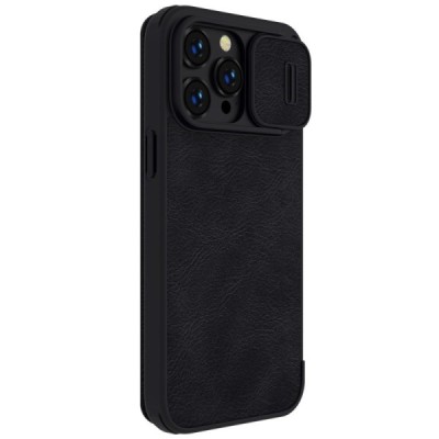 Prabangus „Nillkin“ Qin Pro serijos juodas odinis atverčiamas Apple iPhone 14 Pro dėklas | Priedai.lt