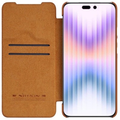 Prabangus „Nillkin“ Qin Pro serijos rudas odinis atverčiamas Apple iPhone 14 Pro dėklas | Priedai.lt