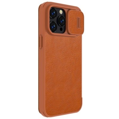 Prabangus „Nillkin“ Qin Pro serijos rudas odinis atverčiamas Apple iPhone 14 Pro dėklas | Priedai.lt