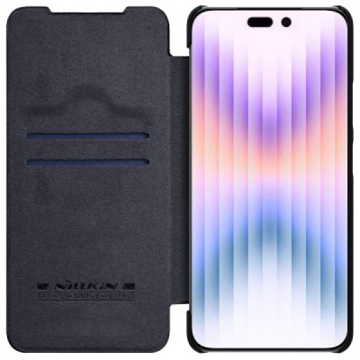 Prabangus „Nillkin“ Qin Pro serijos juodas odinis atverčiamas Apple iPhone 14 Pro Max dėklas | Priedai.lt