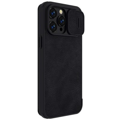 Prabangus „Nillkin“ Qin Pro serijos juodas odinis atverčiamas Apple iPhone 14 Pro Max dėklas | Priedai.lt