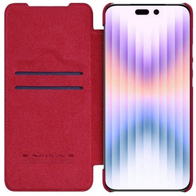 Prabangus „Nillkin“ Qin Pro serijos raudonas odinis atverčiamas Apple iPhone 14 Pro Max dėklas | Priedai.lt