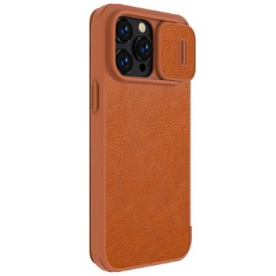 Prabangus „Nillkin“ Qin Pro serijos rudas odinis atverčiamas Apple iPhone 14 Pro Max dėklas | Priedai.lt