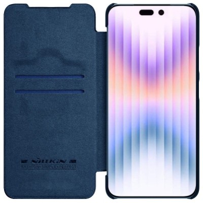 Prabangus „Nillkin“ Qin Pro serijos mėlynas odinis atverčiamas Apple iPhone 14 Pro Max dėklas | Priedai.lt