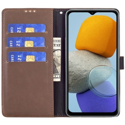 Samsung Galaxy A23 5G (SM-A236B, SM-A235F) atverčiamas tamsiai rudos spalvos odinis retro dėklas - piniginė | Priedai.lt
