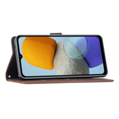 Samsung Galaxy A23 5G (SM-A236B, SM-A235F) atverčiamas tamsiai rudos spalvos odinis retro dėklas - piniginė | Priedai.lt