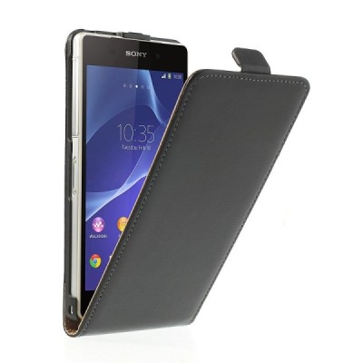 Sony Xperia Z2 klasikinis vertikaliai atverčiamas juodas odinis dėklas / Priedai.lt