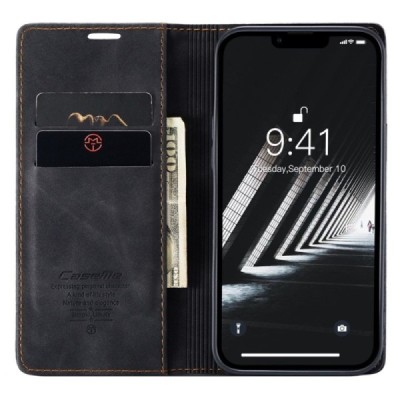 Apple iPhone 14 CaseMe Retro solidus atverčiamas juodas odinis dėklas - knygutė | Priedai.lt