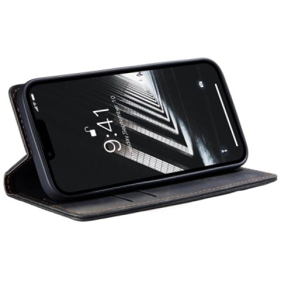 Apple iPhone 14 CaseMe Retro solidus atverčiamas juodas odinis dėklas - knygutė | Priedai.lt