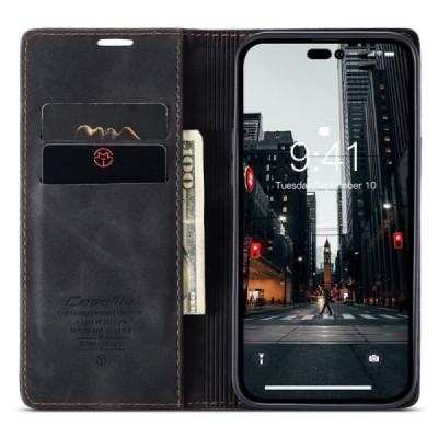 Apple iPhone 14 Pro CaseMe Retro solidus atverčiamas juodas odinis dėklas - knygutė | Priedai.lt