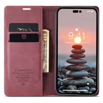 Apple iPhone 14 Pro CaseMe Retro solidus atverčiamas bordo odinis dėklas - knygutė | Priedai.lt
