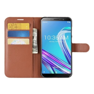 Asus Zenfone Max Pro (ZB601KL) atverčiamas rudas odinis Litchi dėklas - piniginė | Priedai.lt