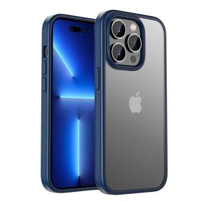 Apple iPhone 14 Pro „IPAKY“ Rubberized silikoninis skaidrus permatomas dėklas su tamsiai mėlynu rėmeliu | Priedai.lt