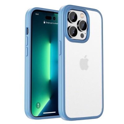 Apple iPhone 14 Pro Max „IPAKY“ Rubberized silikoninis skaidrus permatomas dėklas su šviesiai mėlynu rėmeliu | Priedai.lt