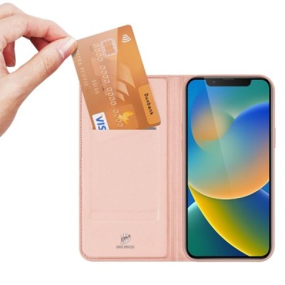 „Dux Ducis“ Skin serijos Apple iPhone 14 rožinis odinis atverčiamas dėklas | Priedai.lt