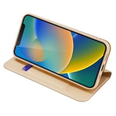 „Dux Ducis“ Skin serijos Apple iPhone 14 auksinis odinis atverčiamas dėklas | Vacins.lv