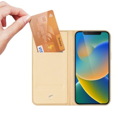 „Dux Ducis“ Skin serijos Apple iPhone 14 auksinis odinis atverčiamas dėklas | Vacins.lv
