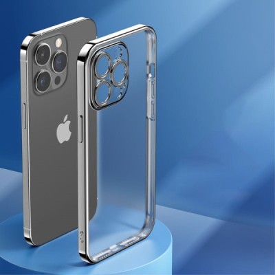 Apple iPhone 14 Pro Max „ROCK“ silikoninis skaidrus permatomas dėklas su juodu rėmeliu | Priedai.lt