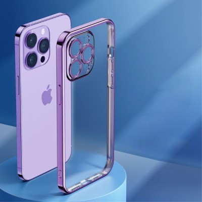 Apple iPhone 14 Pro Max „ROCK“ silikoninis skaidrus permatomas dėklas su violetiniu rėmeliu | Priedai.lt
