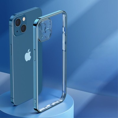 Apple iPhone 14 Plus „ROCK“ silikoninis skaidrus permatomas dėklas su mėlynu rėmeliu | Priedai.lt