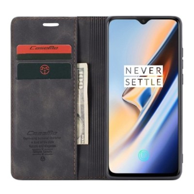 OnePlus 7 CaseMe Retro solidus atverčiamas juodas odinis dėklas - knygutė | Priedai.lt
