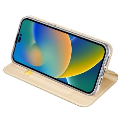 „Dux Ducis“ Skin serijos Apple iPhone 14 Pro auksinis odinis atverčiamas dėklas | Priedai.lt