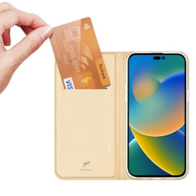 „Dux Ducis“ Skin serijos Apple iPhone 14 Pro auksinis odinis atverčiamas dėklas | Priedai.lt