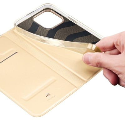 „Dux Ducis“ Skin serijos Apple iPhone 14 Pro auksinis odinis atverčiamas dėklas | Priedai.lt