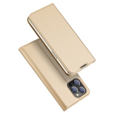 „Dux Ducis“ Skin serijos Apple iPhone 14 Pro auksinis odinis atverčiamas dėklas | Priedai.lt