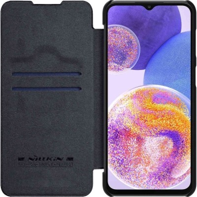 Prabangus „Nillkin“ Qin serijos juodas odinis atverčiamas Samsung Galaxy A23 5G (SM-A236B, SM-A235F) dėklas | Priedai.lt