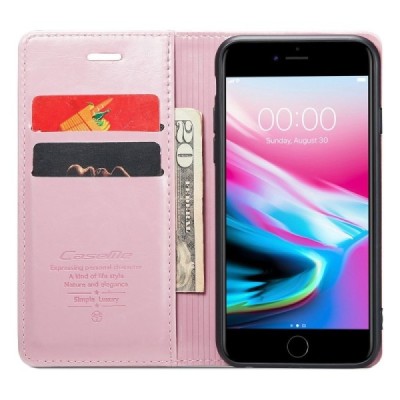 Apple iPhone 7 (iPhone 8) „CaseMe“ Leather solidus atverčiamas rožinis odinis dėklas - knygutė | Priedai.lt