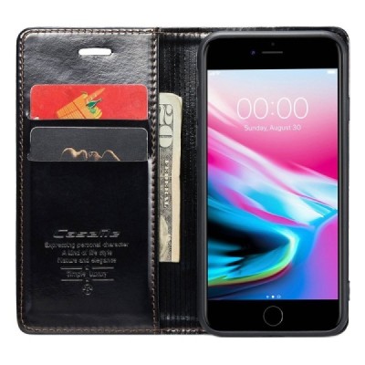 Apple iPhone 7 (iPhone 8) „CaseMe“ Leather solidus atverčiamas juodas odinis dėklas - knygutė | Priedai.lt