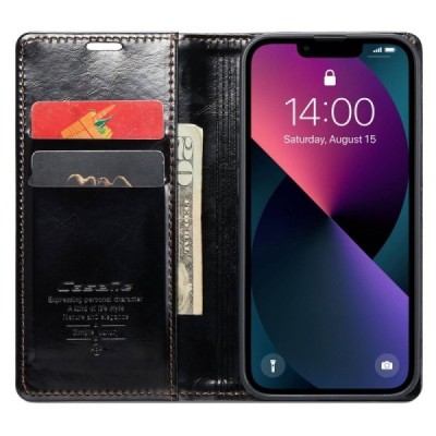 Apple iPhone 13 „CaseMe“ Leather solidus atverčiamas juodas odinis dėklas - knygutė | Priedai.lt