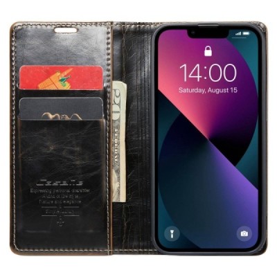 Apple iPhone 13 „CaseMe“ Leather solidus atverčiamas rudas odinis dėklas - knygutė | Priedai.lt