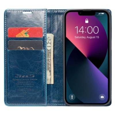 Apple iPhone 13 „CaseMe“ Leather solidus atverčiamas mėlynas odinis dėklas - knygutė | Priedai.lt