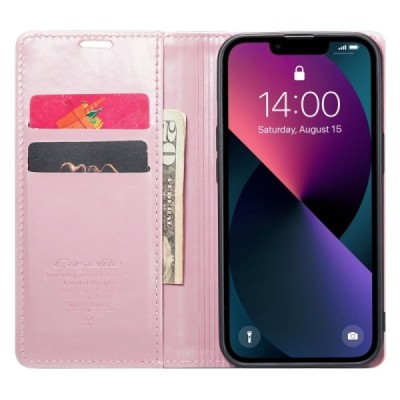 Apple iPhone 13 „CaseMe“ Leather solidus atverčiamas rožinis odinis dėklas - knygutė | Priedai.lt