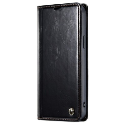 Apple iPhone 13 Pro „CaseMe“ Leather solidus atverčiamas juodas odinis dėklas - knygutė | Priedai.lt